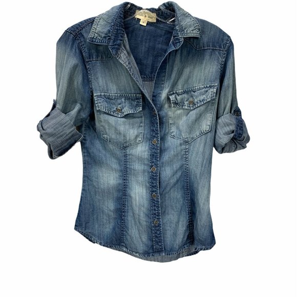 Cloth And Stone Denim Shirt Roll Tab Sleeve Tencel - Picture 3 of 10